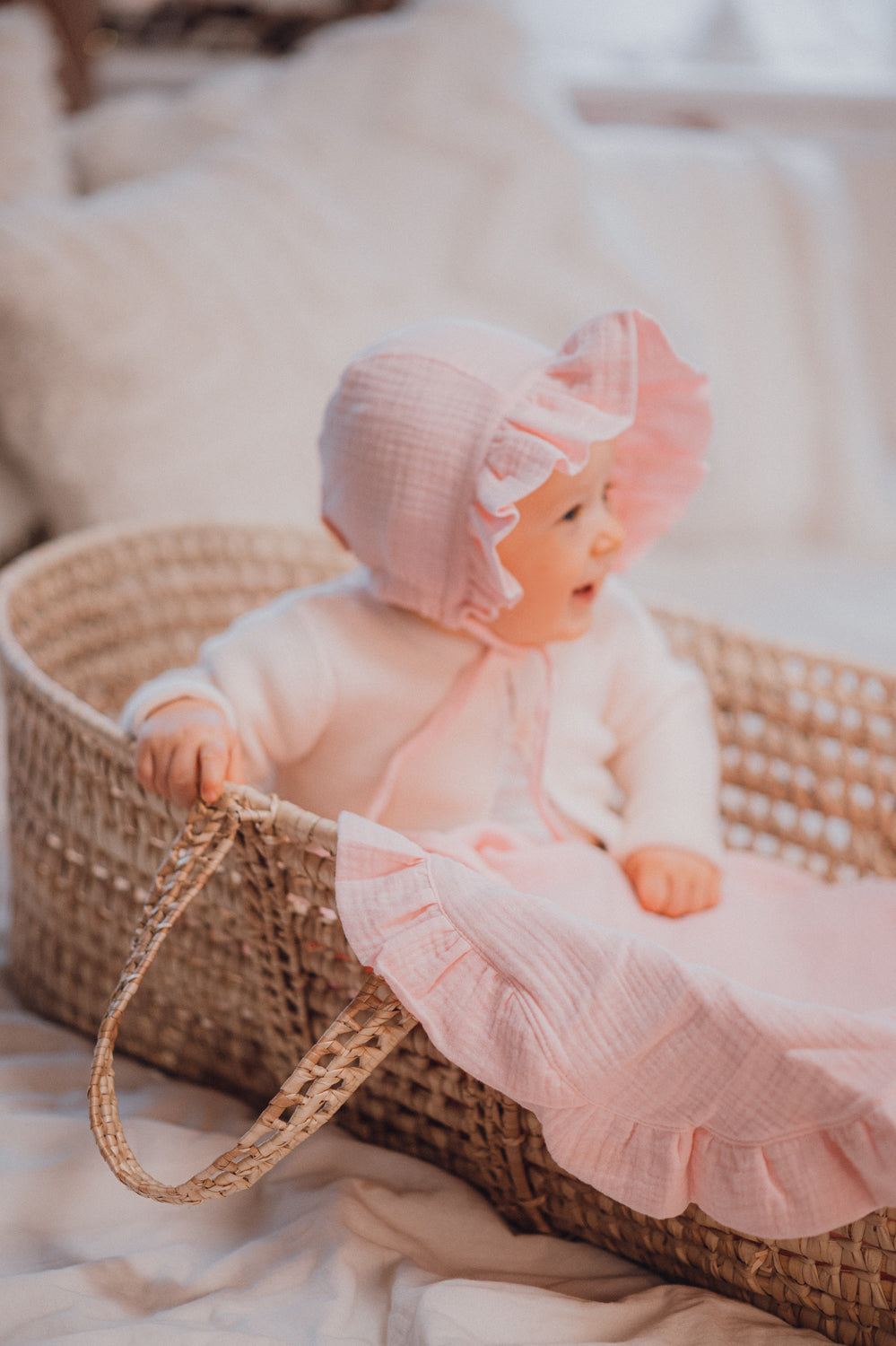 Muslin baby hats with ruffles