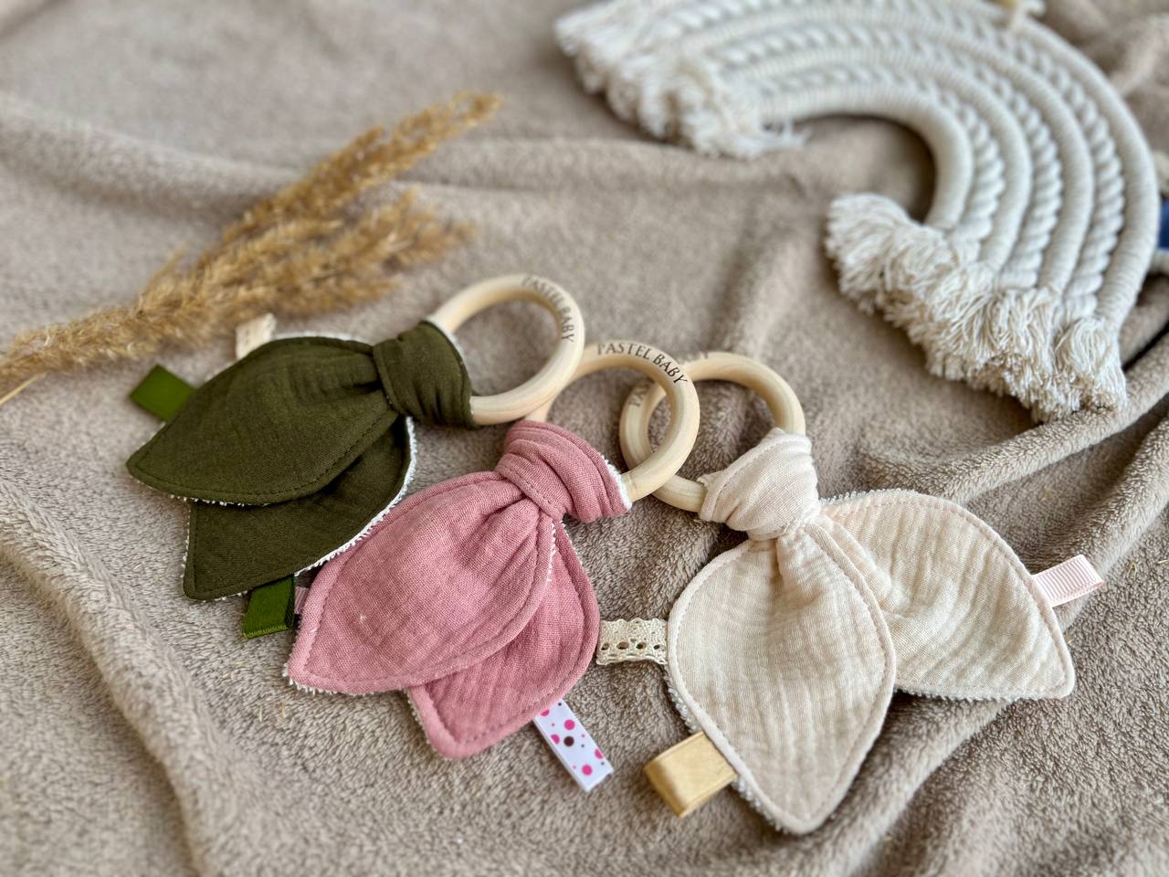 personalized baby teething ring muslin bunny ears toy