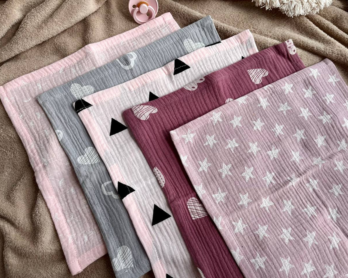 Muslin Baby wipes, Wash Cloth Napkins Pack Of 5 - Pink and Purple