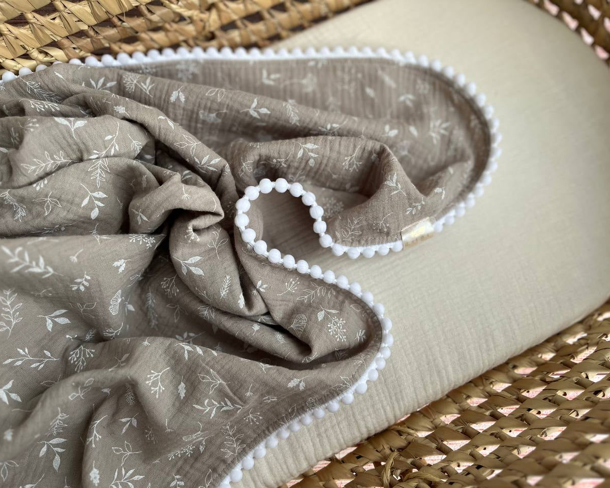 Cotton muslin Pom Pom swaddle blanket - Beige with small flowers