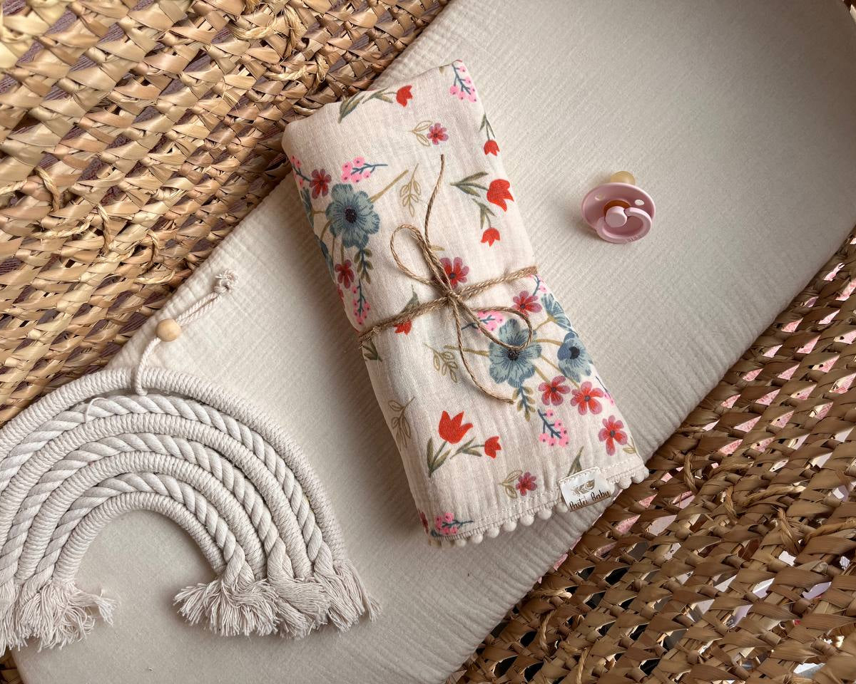 Cotton muslin Pom Pom swaddle blanket - Bright flowers