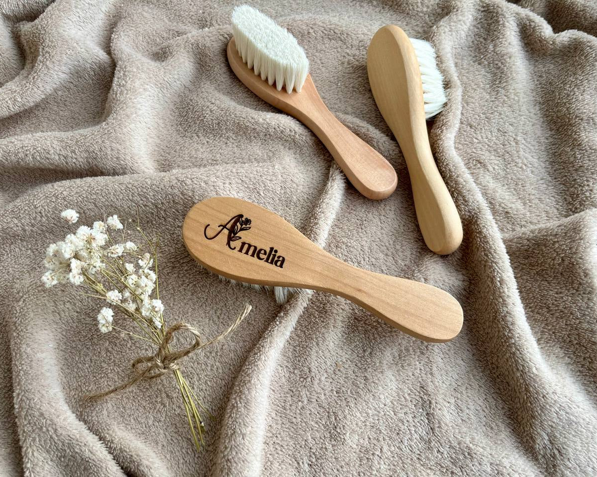Personalized Wooden Baby Hair Brush with Soft Natural Bristles - Eco-Friendly Baby Grooming