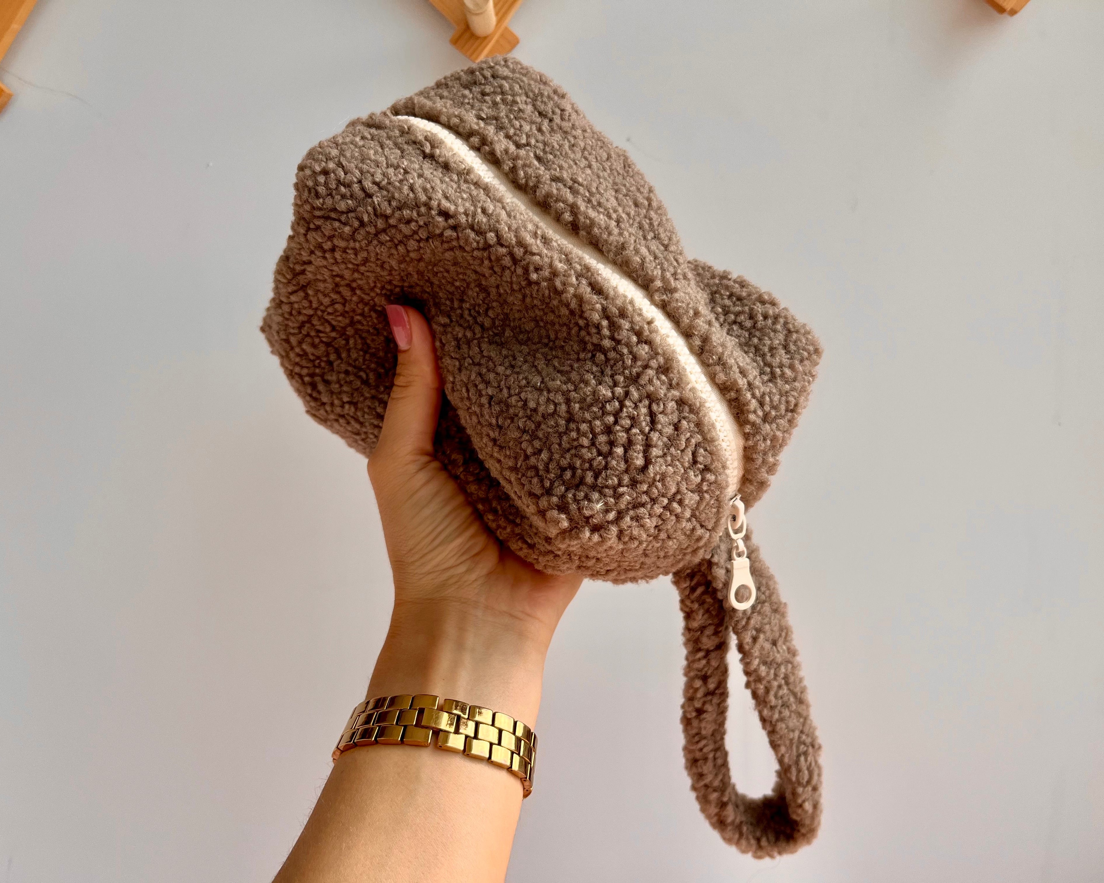 Teddy plush Toiletry Bag with Embroidered Name, Brown Fluffy makeup bag - 3 Sizes