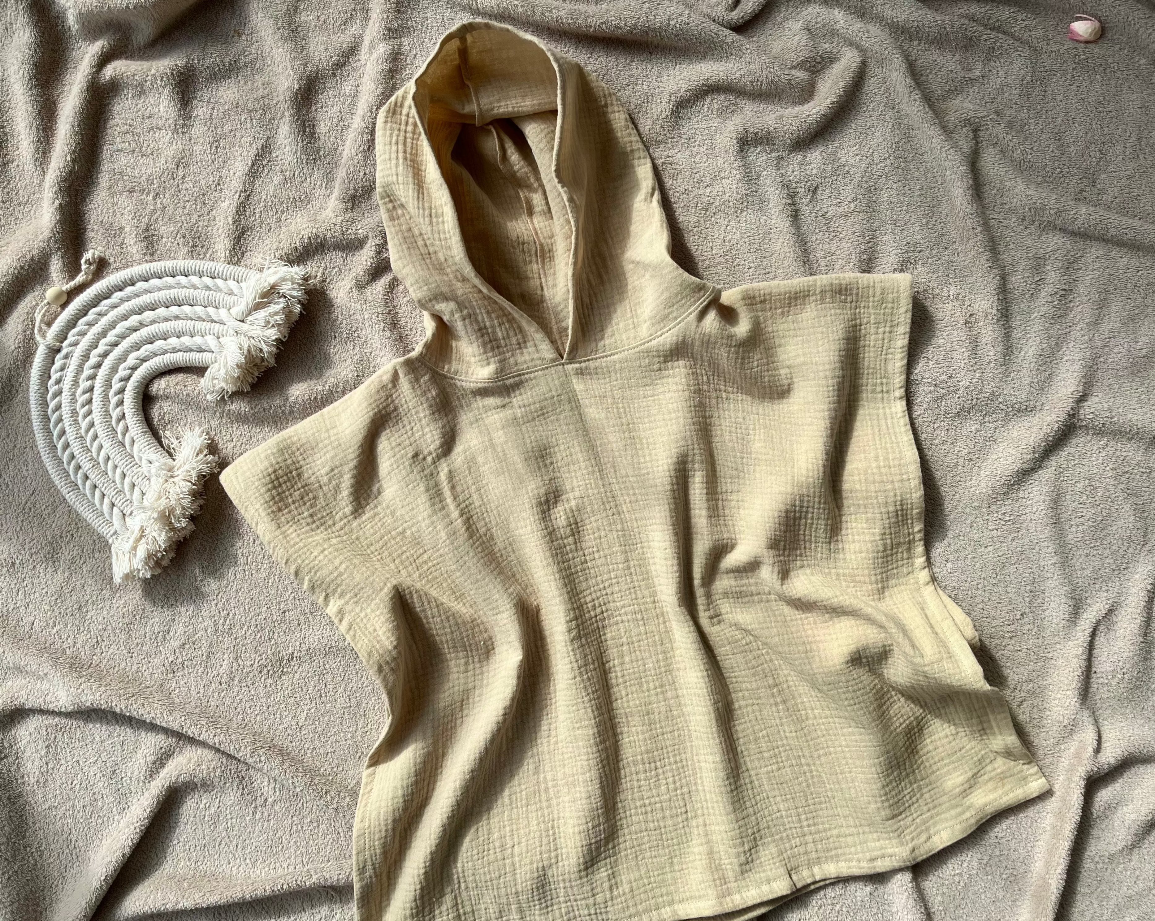 muslin kids hooded poncho sand