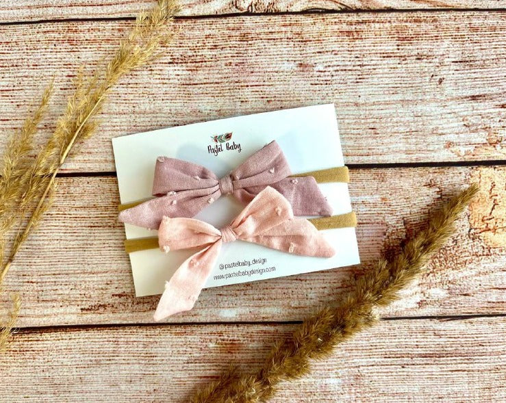 baby headband bow set - old pink and light pink plumeti