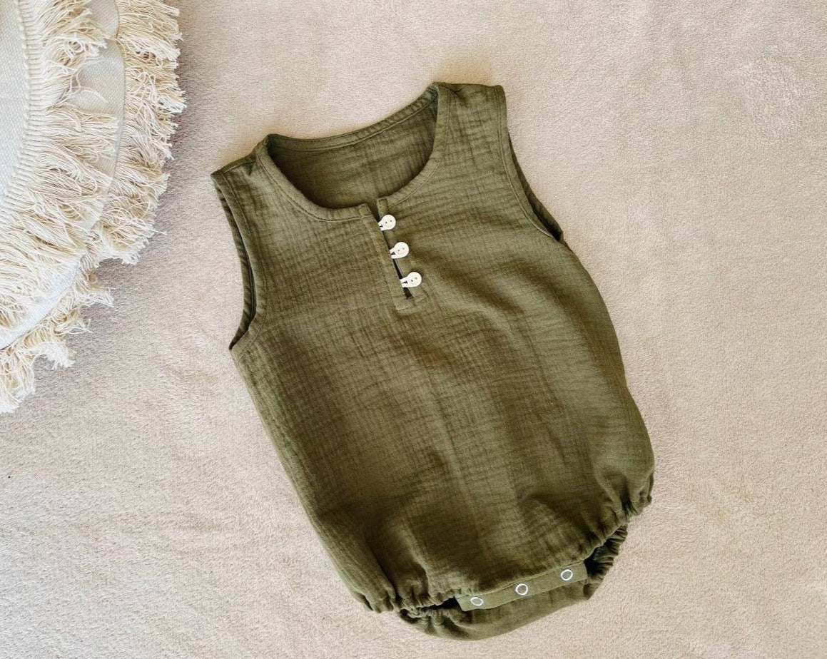 double gauze muslin baby romper unisex moss green olive
