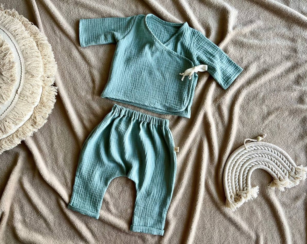 muslin baby set pants and blouse sage
