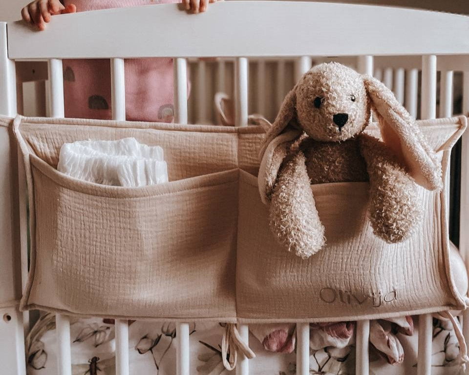 baby bed pocket with ties from muslin fabric