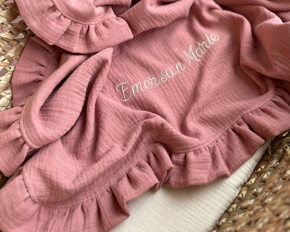 Organic Muslin Baby Blanket – Old Pink | Ruffle Trim Swaddle with Name Embroidery | 9 Color Options Available