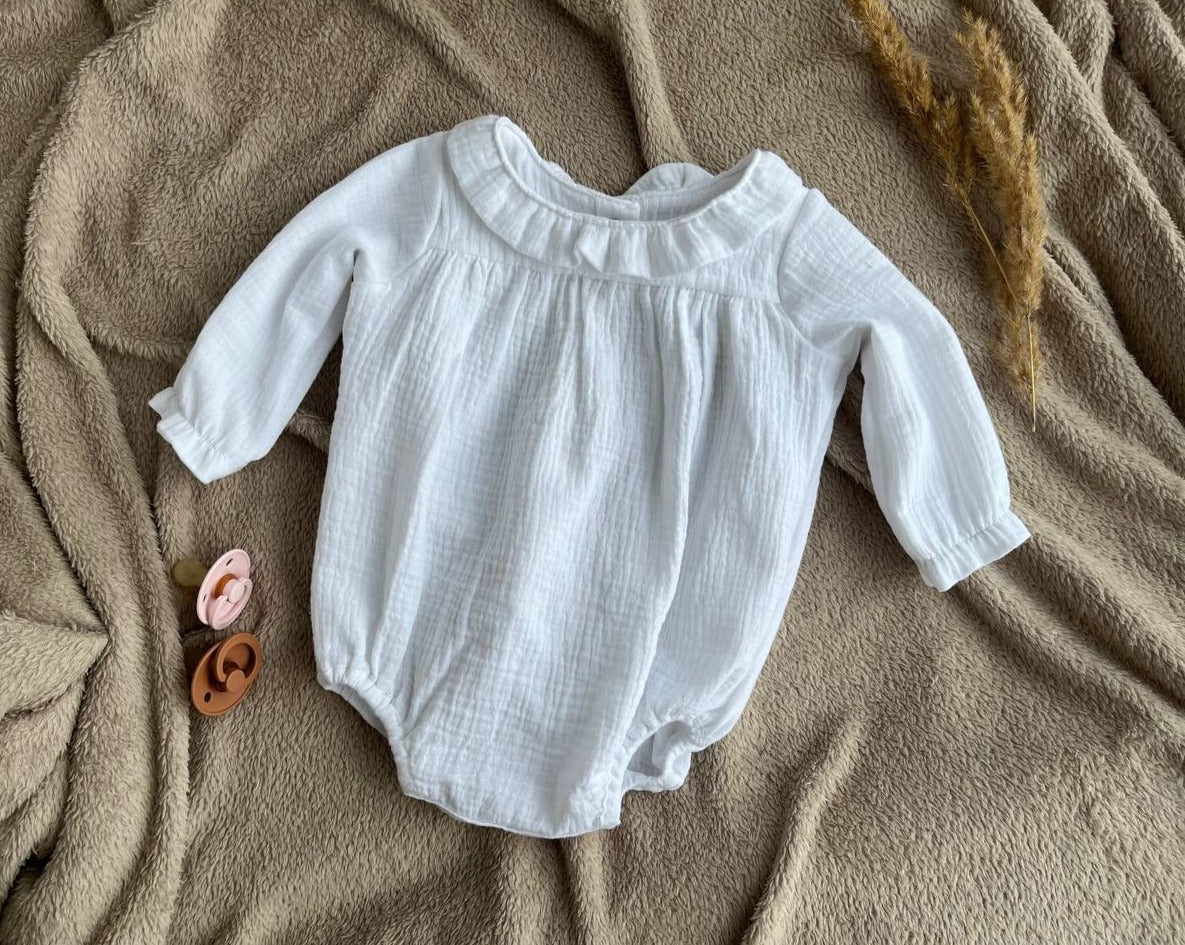 White muslin christening baby outfit, long sleeve romper with ruffles