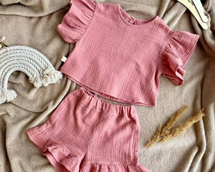 muslin kids girl set ruffle top and shorts for summer