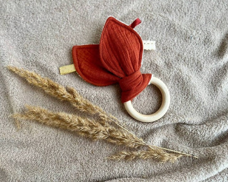 natural baby wood teething ring bunny ears brown