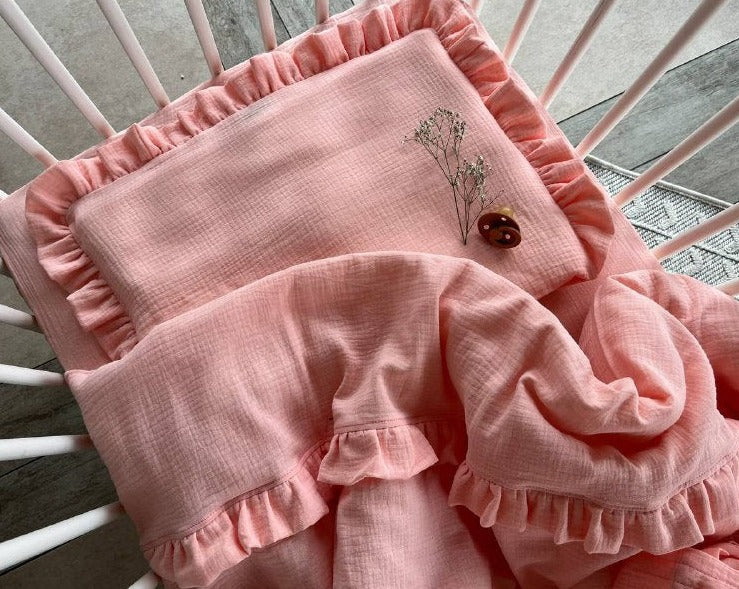 organic muslin baby bedding set duvet cover and pillowcase with ruffles Salmon