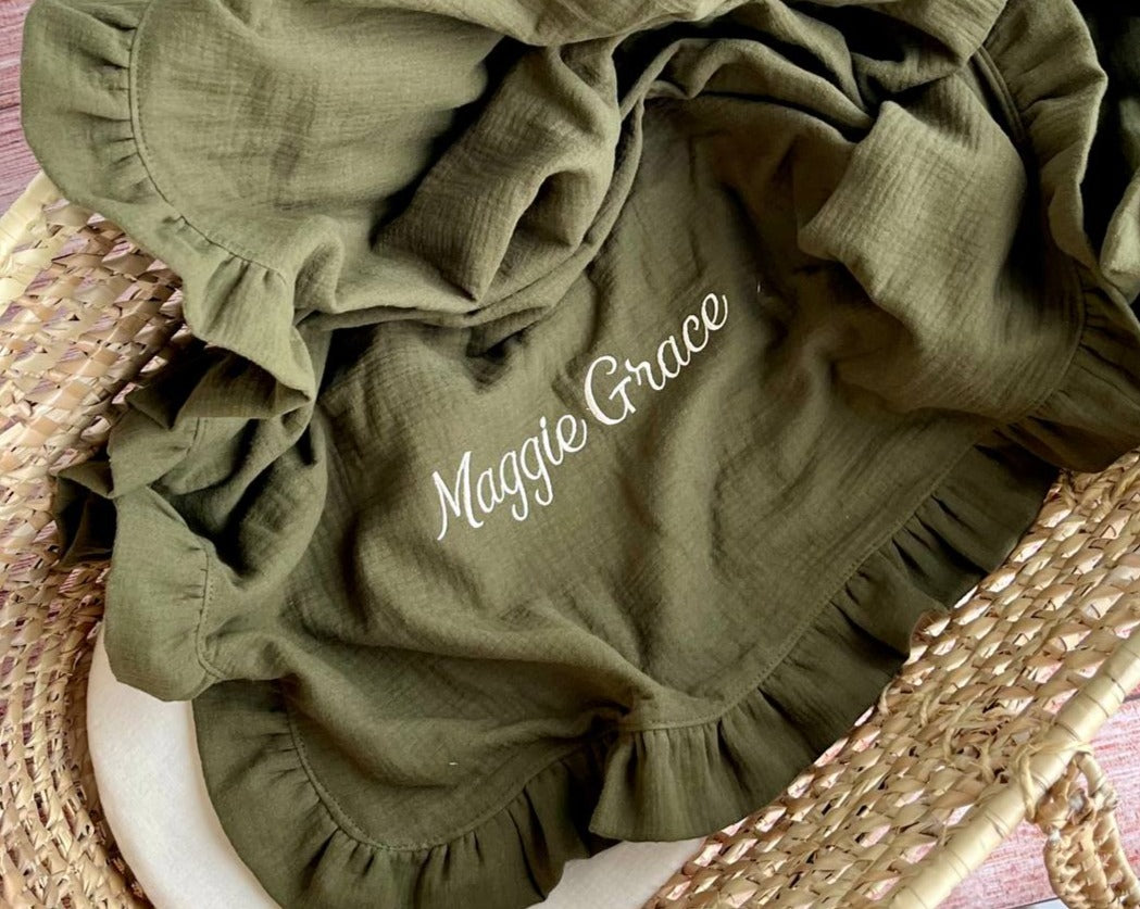 personalized muslin baby blanket moss green