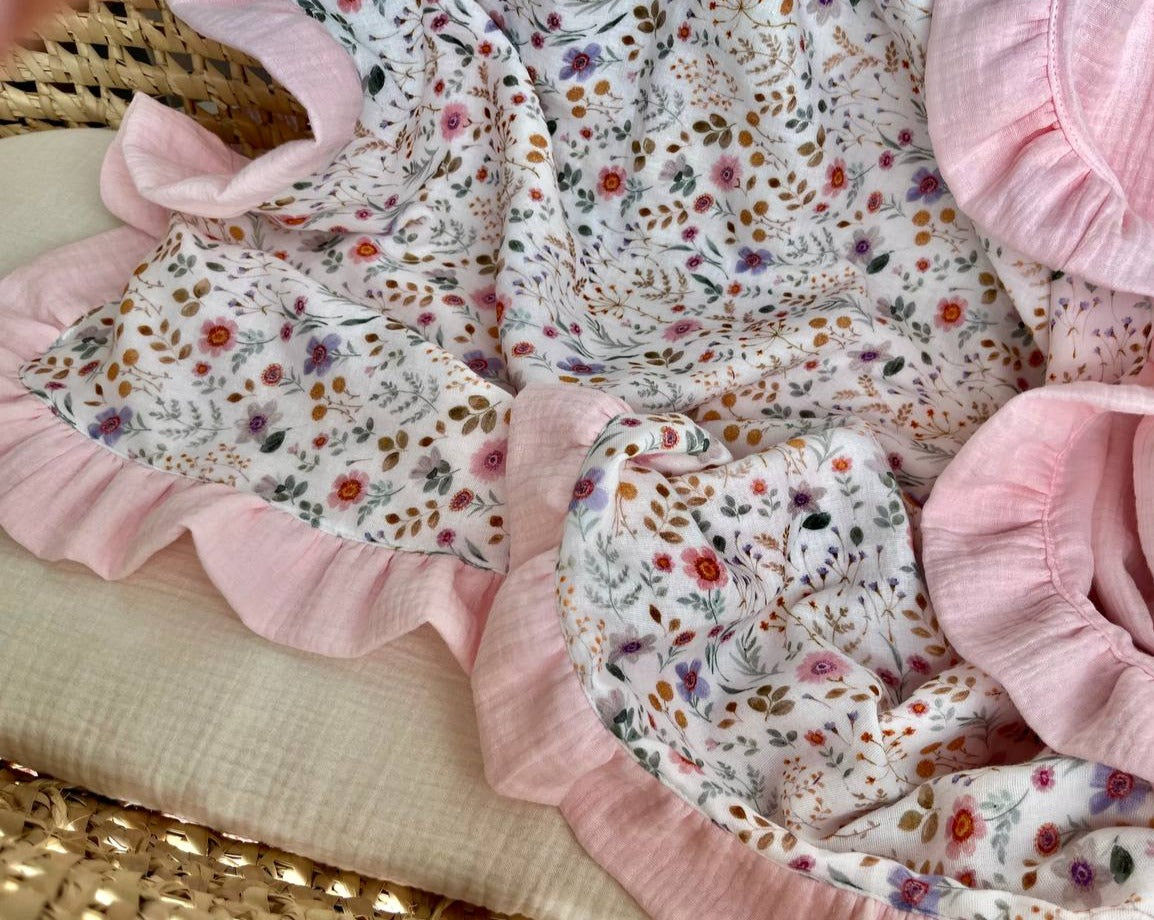 floral pink organic muslin baby ruffle blanket with name
