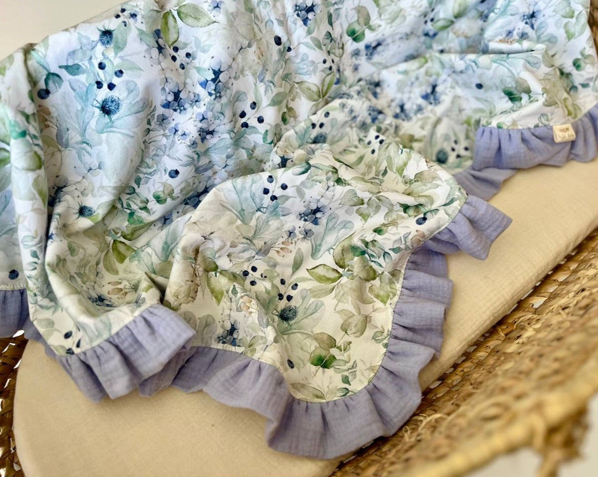 2 layer Muslin baby blanket with ruffles Lavender flowers Pastel Baby