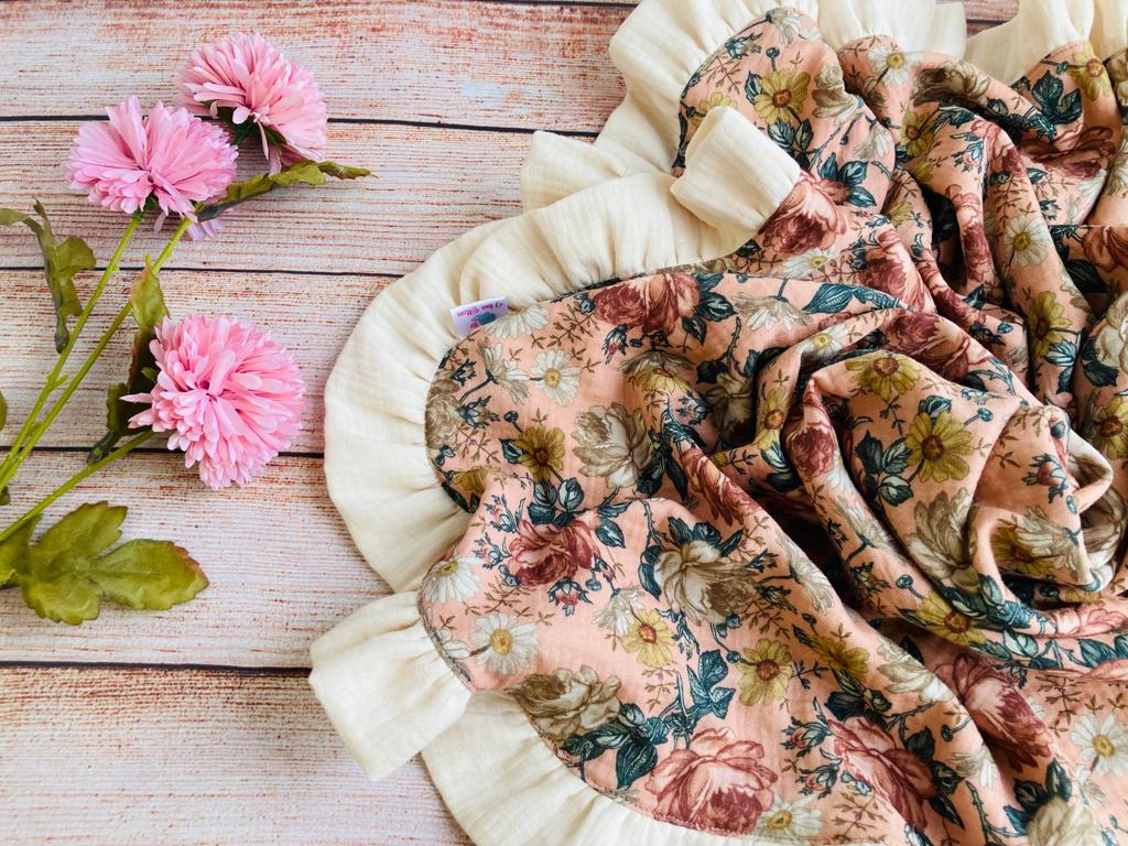 2 layer Muslin baby blanket with ruffles Vintage flowers