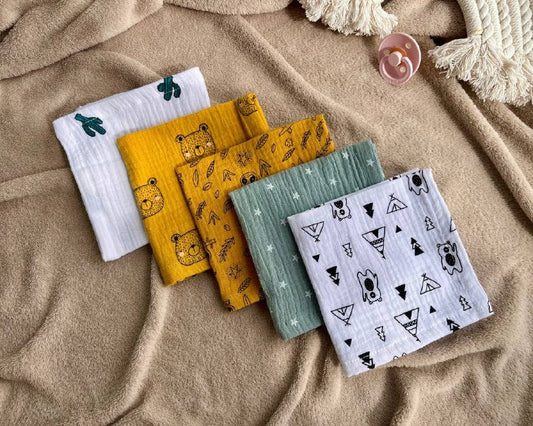 Muslin Baby wipes, Wash Cloth Napkins Pack Of 5 - Animals, stars and cactus