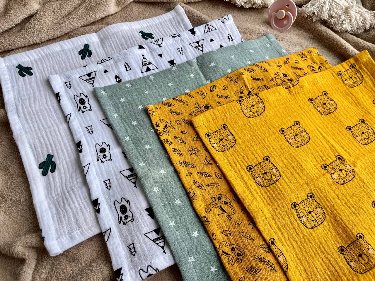 Muslin Baby wipes, Wash Cloth Napkins Pack Of 5 - Animals, stars and cactus