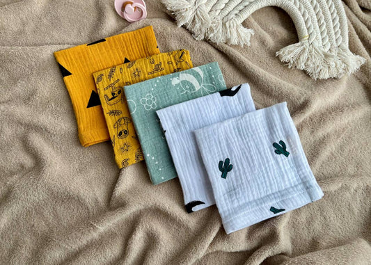 Muslin Baby wipes, Wash Cloth Napkins Pack Of 5 - Mustard, White and Sage