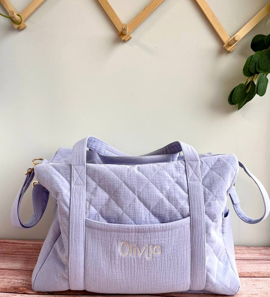 Personalized Quilted Muslin Diaper Bag - Soft Baby Hospital Bag with Name Embroidery