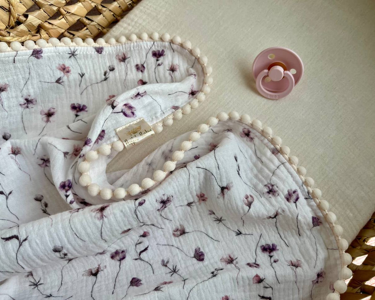 Cotton muslin Pom Pom swaddle blanket - Pink Purple flowers