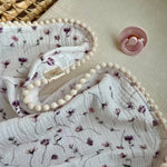 Cotton muslin Pom Pom swaddle blanket - Pink Purple flowers