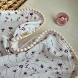 Cotton muslin Pom Pom swaddle blanket - Pink Purple flowers