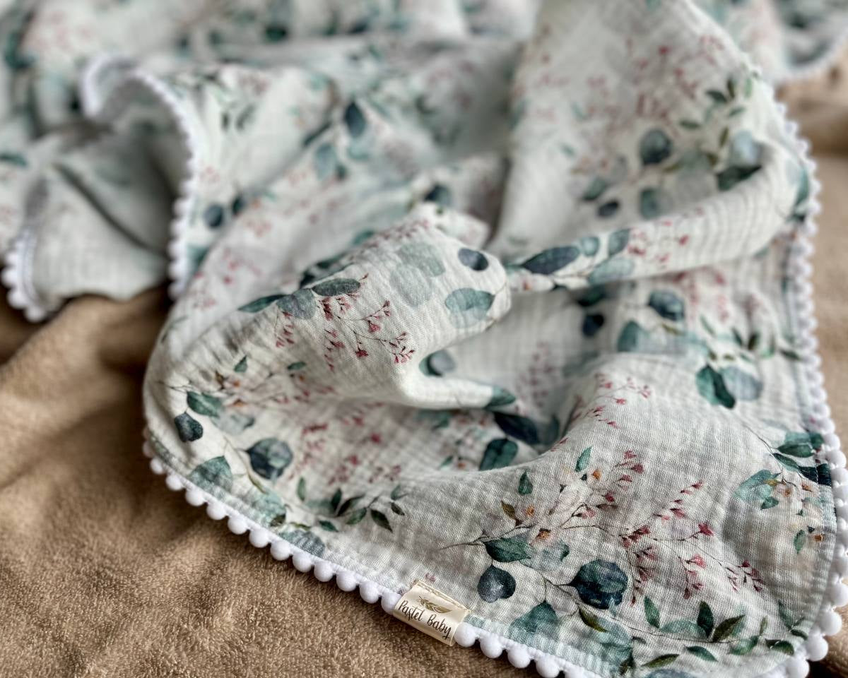 Organic Cotton muslin Pom Pom swaddle blanket - Eucalyptus twigs
