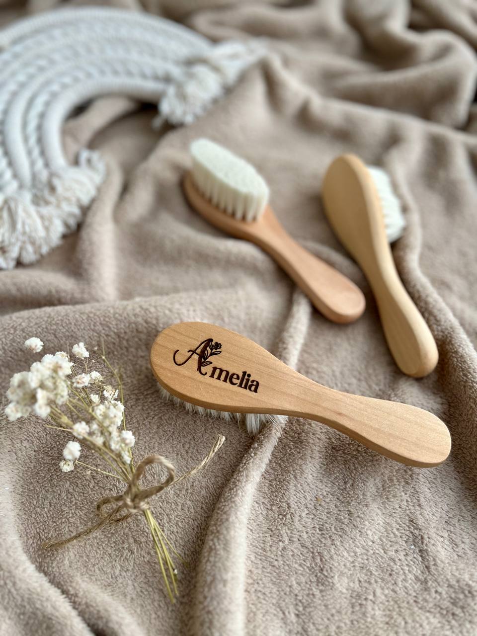 Personalized Wooden Baby Hair Brush – Soft Natural Bristles for Gentle Baby Scalp Care