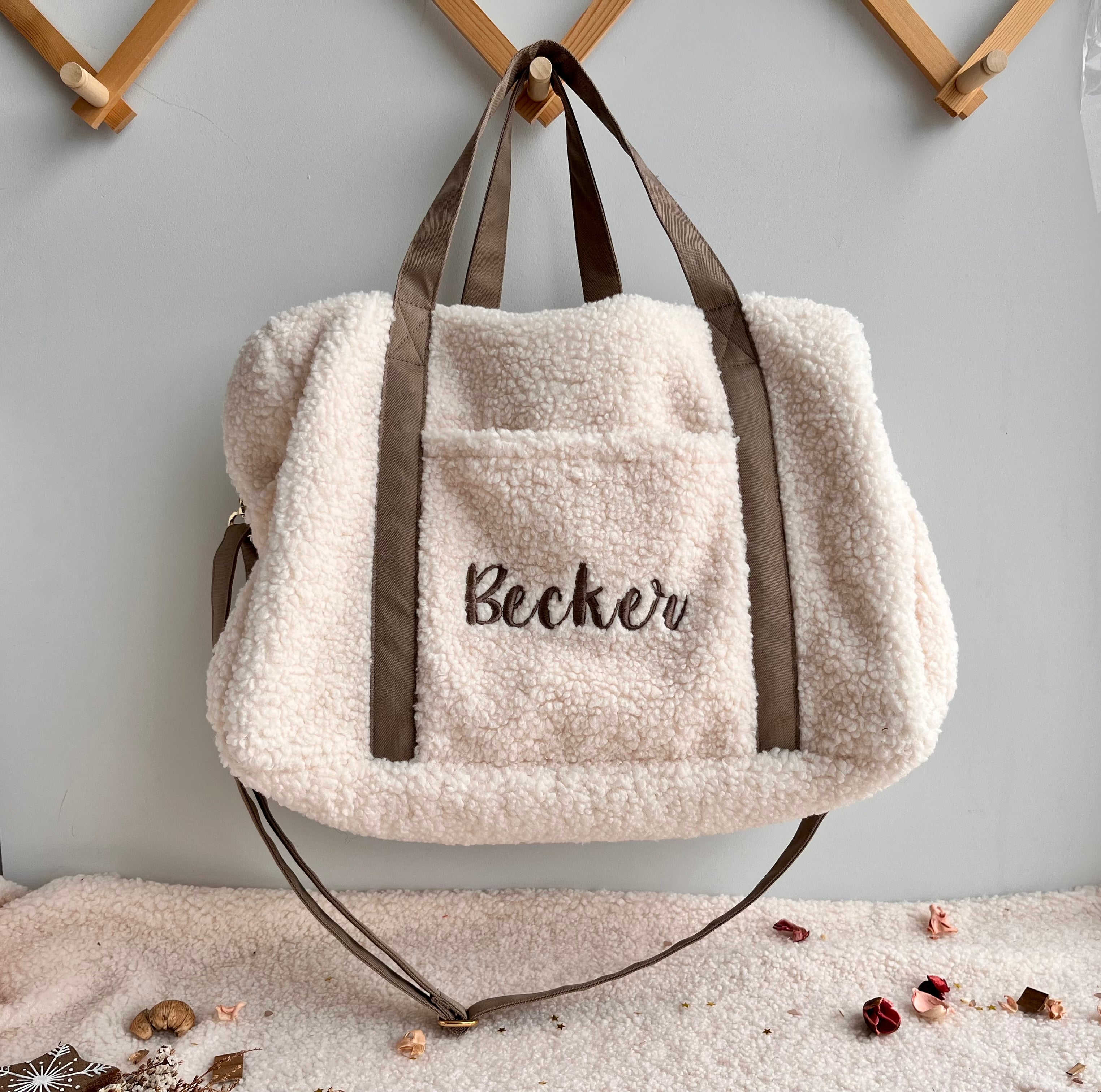 Cream Teddy plush Diaper Bag, Personalised Baby Hospital Bag with Name Embroidery