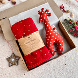 Red star Baby gift set - Muslin swaddle with pom pom trim and ginger giraffe toy