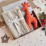 Christmas Baby gift set - Beige Muslin swaddle with pom pom trim and ginger giraffe toy