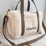 Personalizēta Teddy plīša mammu soma - vidēja izmēra ratu soma ar vārda izšuvumu, krēmīgā krāsā