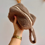 Teddy plush Toiletry Bag with Embroidered Name, Brown Fluffy makeup bag - 3 Sizes