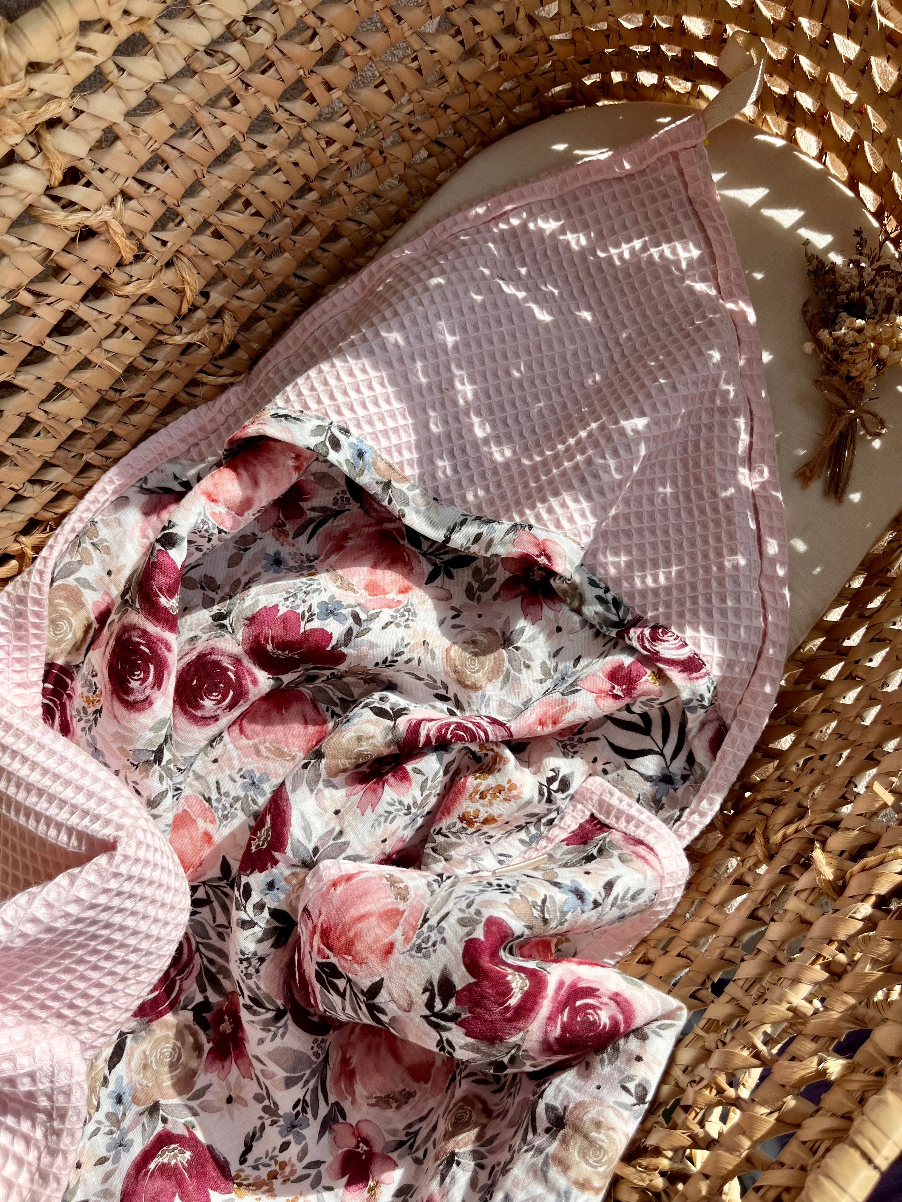 Floral hooded baby towel pink with embroidered name
