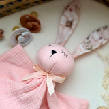 Personalized Organic Muslin Bunny Lovey | Pink Baby Comforter with Name Embroidery