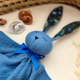 Personalized Organic Muslin Bunny Lovey | Blue Baby Comforter with Name Embroidery
