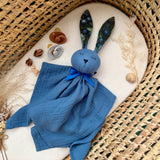 Personalized Organic Muslin Bunny Lovey | Blue Baby Comforter with Name Embroidery