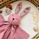 Personalized Organic Muslin Bunny Lovey | Old pink Baby Comforter with Name Embroidery