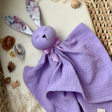 Personalized Organic Muslin Bunny Lovey | Lilac Baby Comforter with Name Embroidery
