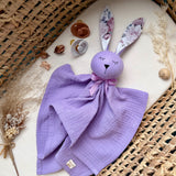 Personalized Organic Muslin Bunny Lovey | Lilac Baby Comforter with Name Embroidery