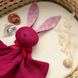Personalized Organic Muslin Bunny Lovey | Maroon Baby Comforter with Name Embroidery