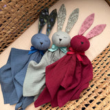 Personalized Organic Muslin Bunny Lovey | Blue Baby Comforter with Name Embroidery