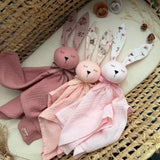 Personalized Organic Muslin Bunny Lovey | Old pink Baby Comforter with Name Embroidery