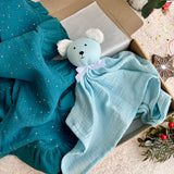 Christmas Baby gift - Muslin ruffle blanket in Petrol Blue and Bear baby comforter