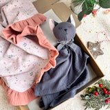 Christmas Baby gift - Muslin ruffle blanket in dusty pink and cat baby comforter