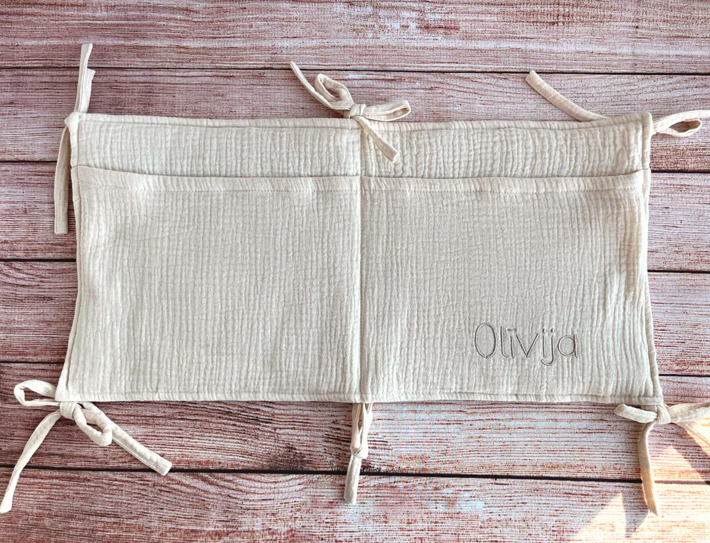 Baby bed pocket with ties from organic muslin Natural