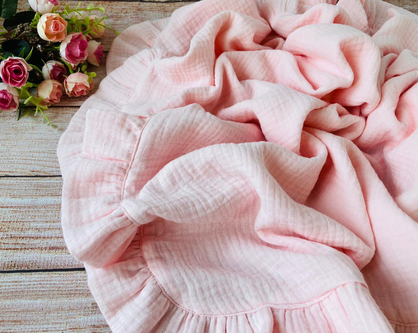 organic muslin baby ruffle blanket light pink