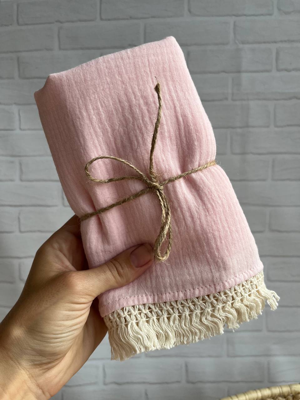 Organic cotton Muslin baby pink swaddle blanket with cotton fringe